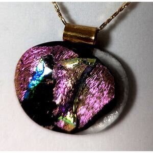 Dichroic fused glass 1 3/8" x 1 1/4" Gold plated chain 20" Brass bail.